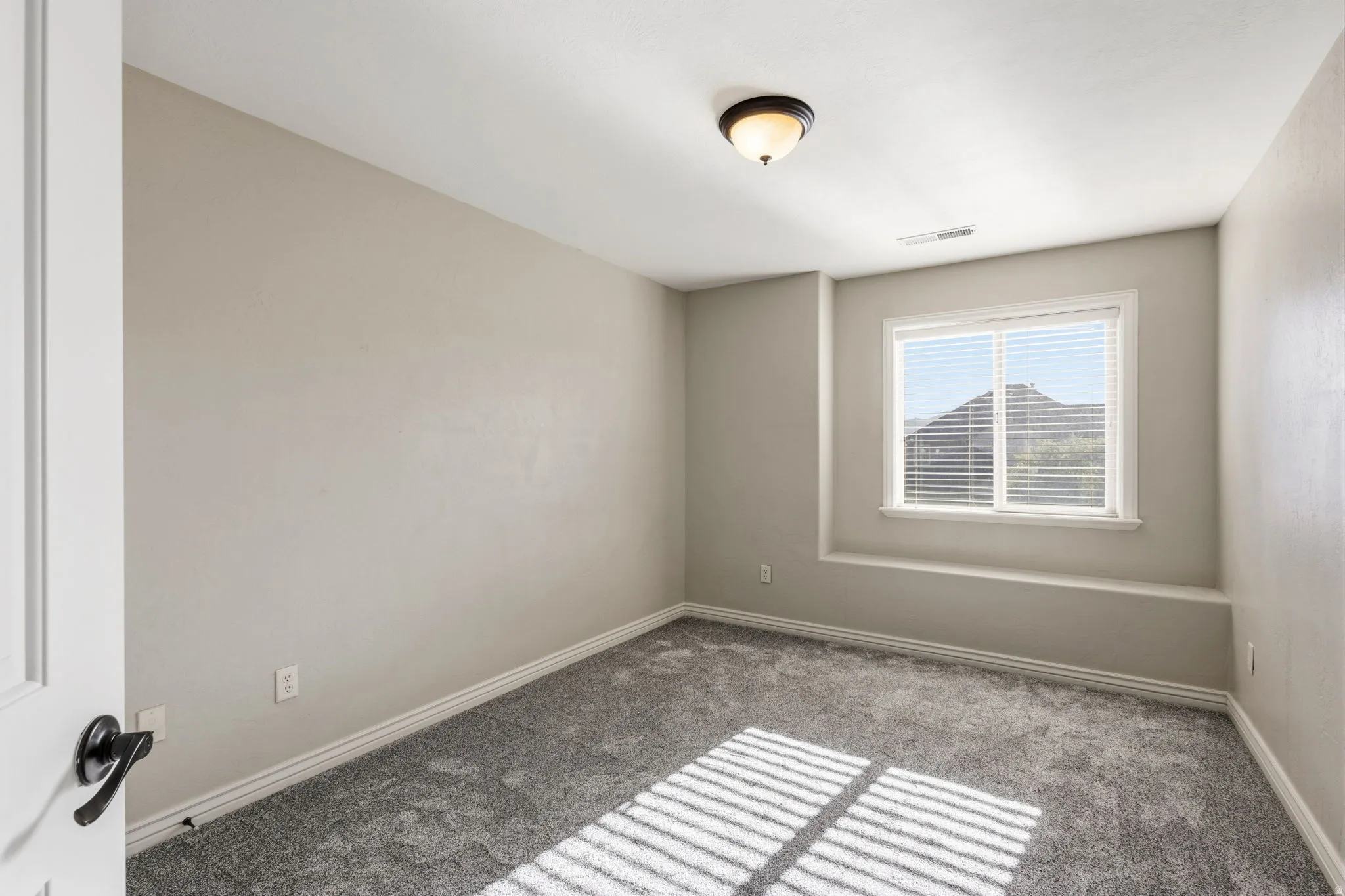 Soft gray carpeting, neutral wall paint, single window with blinds, and a flush mount ceiling light fixture