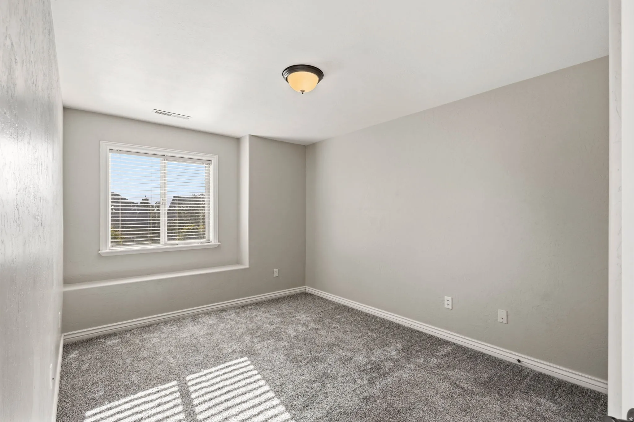 Carpeted flooring, recessed window, window blinds, ceiling-mounted light fixture, light-toned wall paint