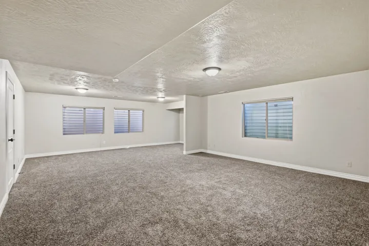 Expansive room featuring plush carpeting, multiple windows with horizontal blinds, and recessed lighting fixtures