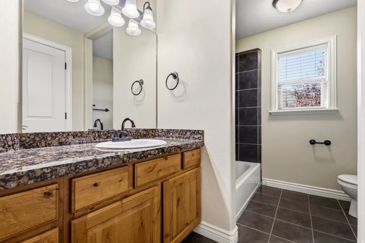 Bathroom vanity with a dark granite-style countertop and wood-finish cabinetry