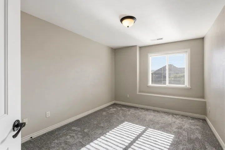 Soft gray carpeting, neutral wall paint, single window with blinds, and a flush mount ceiling light fixture