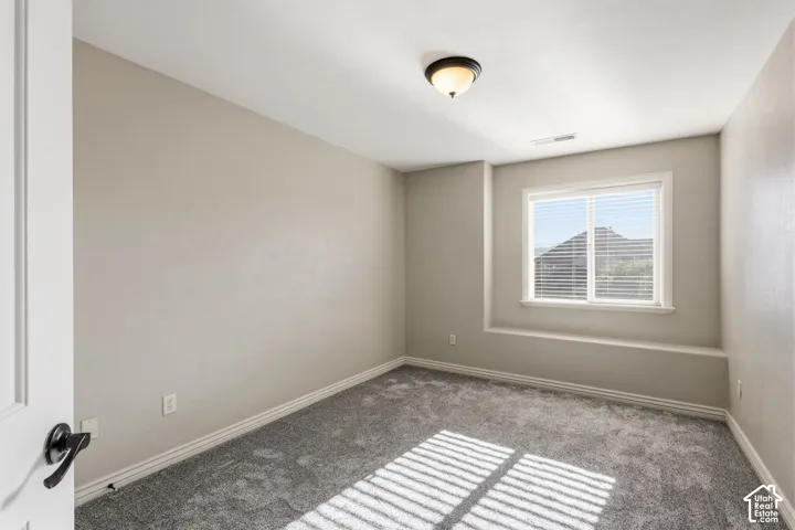 Soft gray carpeting, neutral wall paint, single window with blinds, and a flush mount ceiling light fixture