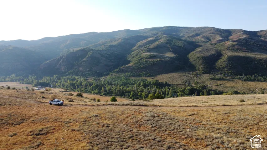 Expansive natural terrain featuring a prominent mountain backdrop and distant structures