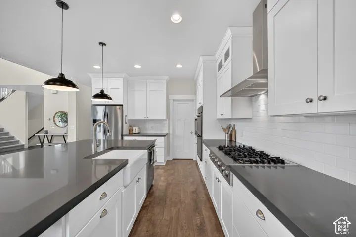 Kitchen featuring an expansive island with a farmhouse sink, stainless steel appliances, white shaker cabinetry, and wood-finish flooring