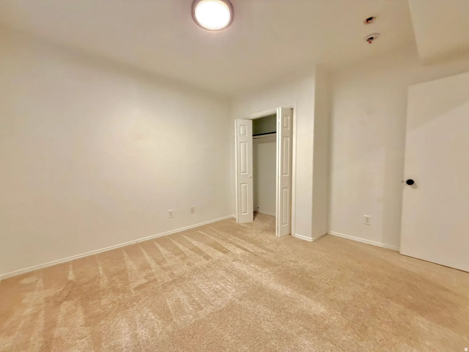 Neutral tone wall paint, carpeted flooring, flush mount ceiling light, and a bi-fold closet