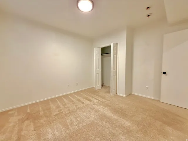 Neutral tone wall paint, carpeted flooring, flush mount ceiling light, and a bi-fold closet