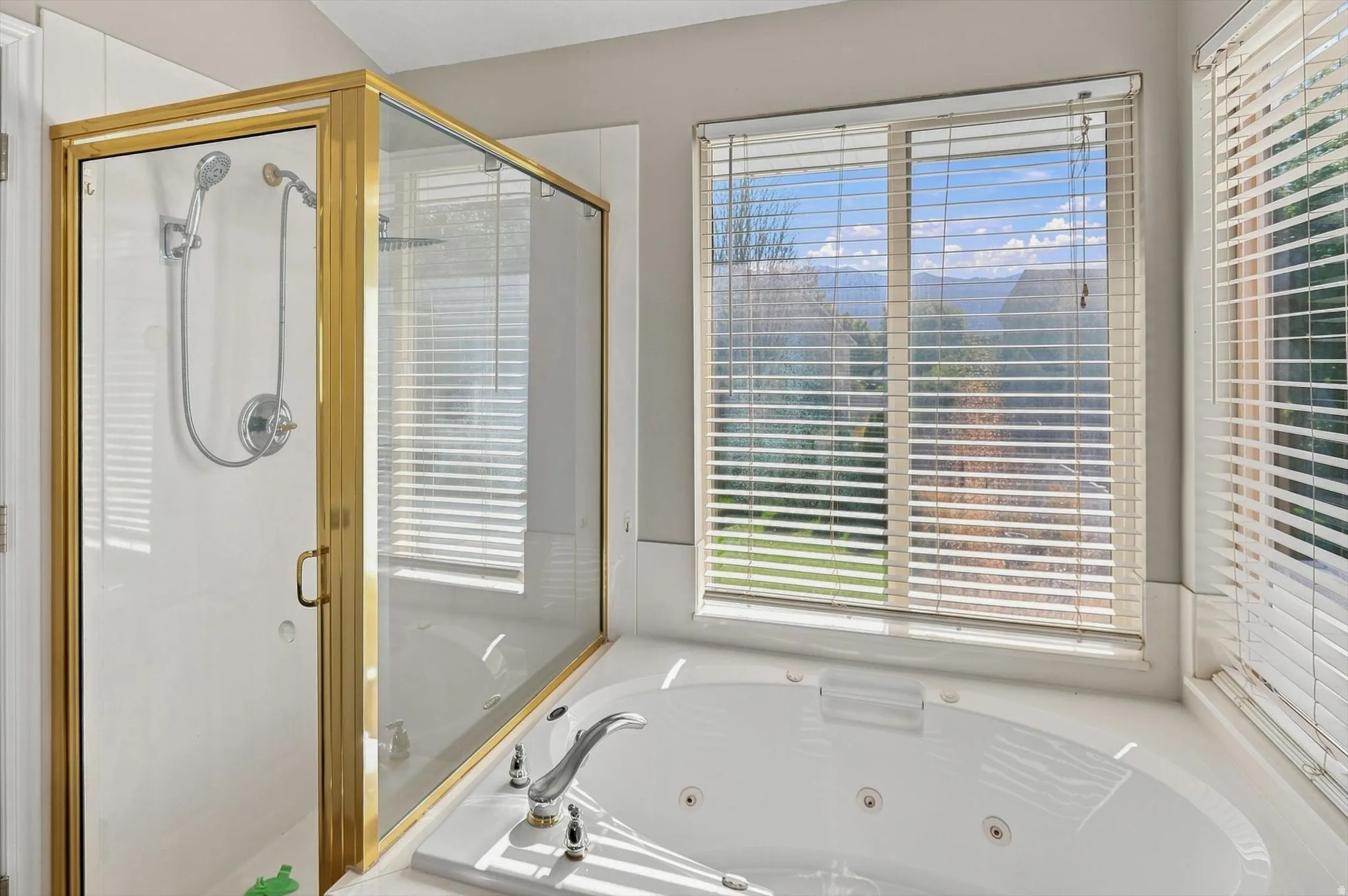Corner shower with gold-toned frame, jetted soaking tub, and window with expansive scenery