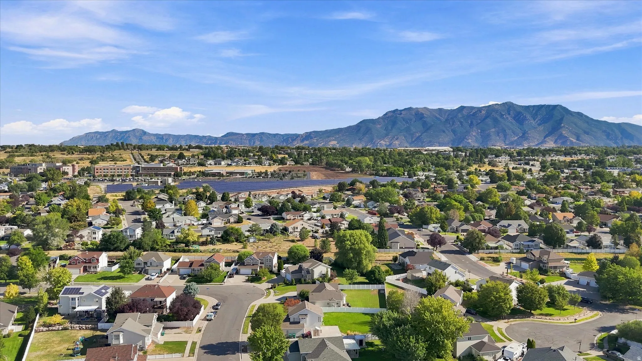 Expansive residential area with a mountain backdrop, featuring a clear sky and numerous mature trees