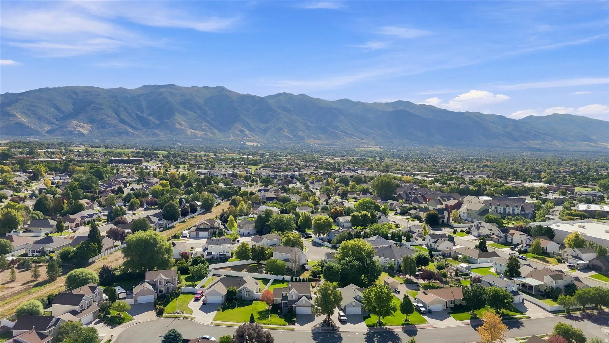 Expansive residential area with a mountain backdrop, featuring a mix of mature trees and established homes