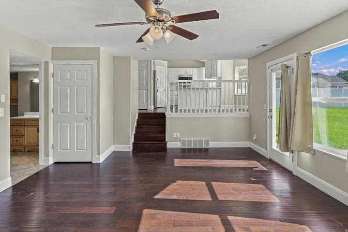 Dark wood-finish flooring, white trim, ceiling fan light fixture, white interior doors, and a glass-paneled exterior door