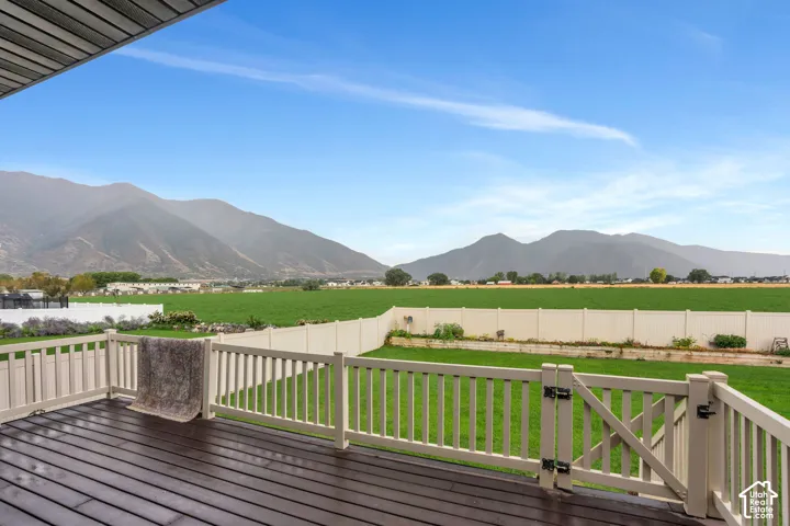 Expansive wood-finish deck with a perimeter railing and gate, overlooking a manicured lawn and distant mountain range