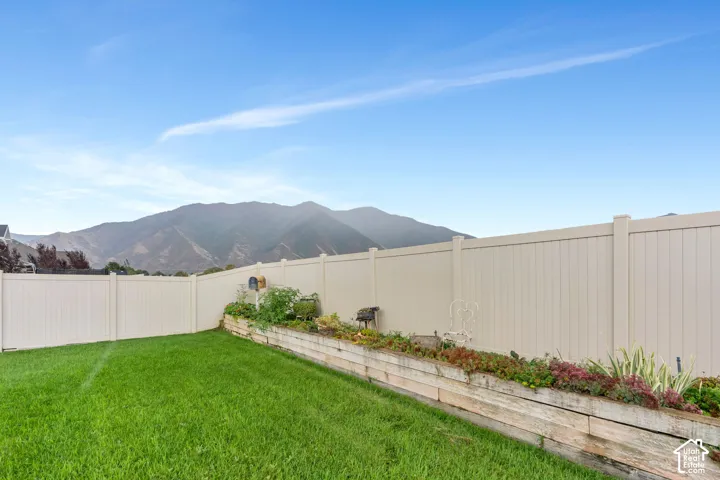 Expansive backyard showcasing a lush, manicured lawn with raised planter beds featuring seasonal plantings and ornamental grasses