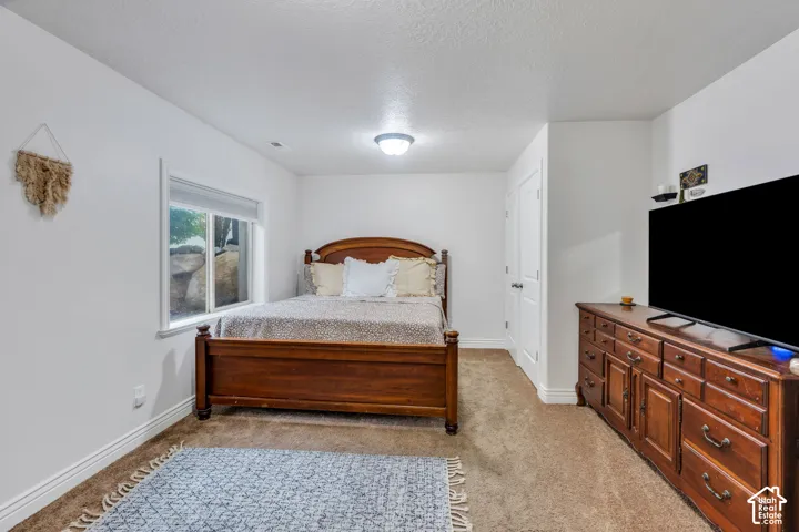 Carpeted flooring with white wall finishes, a window, and a built-in closet with a white door