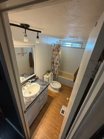 Bathroom featuring wood-finish flooring, a vanity with a counter and integrated sink, a toilet, and a bathtub with shower