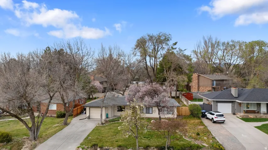 Single-story residence featuring an attached garage, a paved driveway, and established landscaping with mature trees