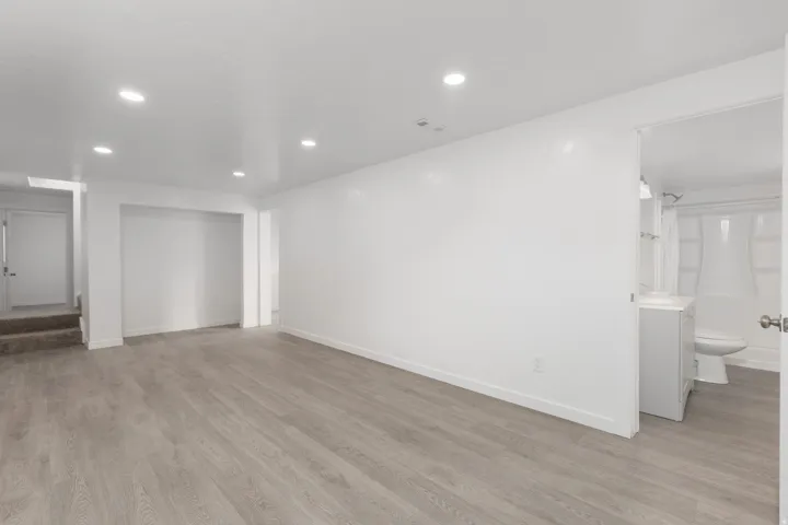 Recessed lighting, wood-finish flooring, full bathroom