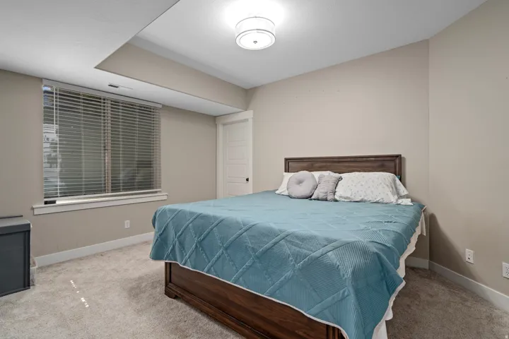 Neutral wall paint, carpeted flooring, window with blinds, recessed ceiling, and a flush mount light fixture