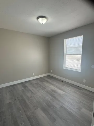 Wood-finish flooring, neutral wall paint, and a semi-flush ceiling light fixture