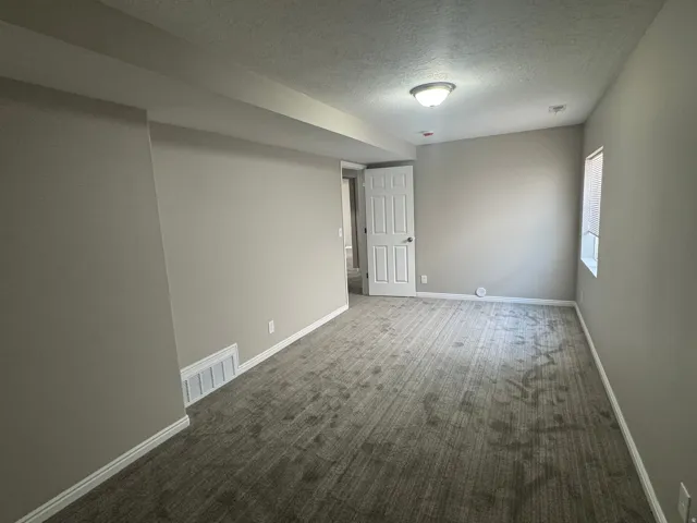 Neutral wall paint, textured ceiling, flush-mount ceiling light, white trim, and a white interior door