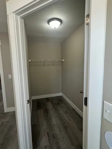 Recessed closet with built-in wire shelving, overhead flush-mount lighting, and wood-finish flooring