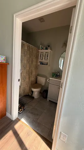 Bathroom featuring a single vanity with a mirror, a toilet, and a tiled shower area