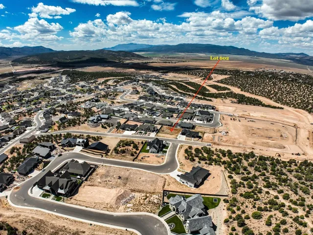 Aerial perspective of a developing residential area with established homes and undeveloped lots