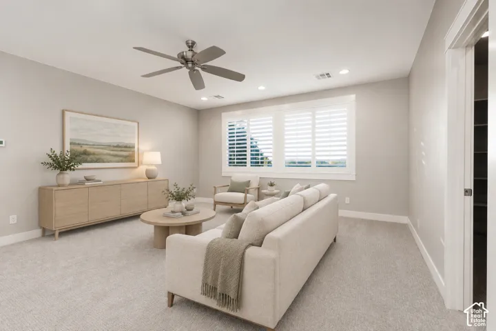 Loft: Open upstairs living space with new carpet and plantation shutters