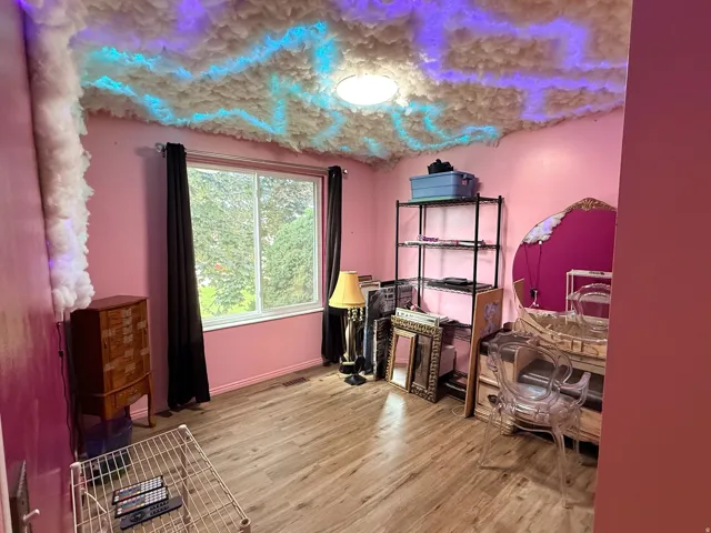 Wood-finish flooring, a bright window, and a cloud-like ceiling feature with integrated lighting