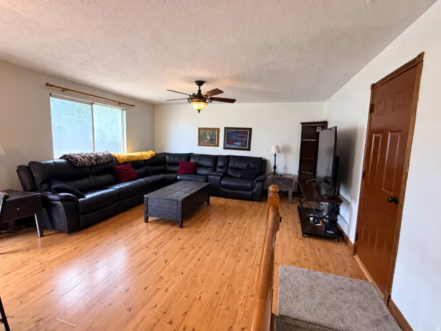 Wood-finish flooring throughout, ceiling fan with integrated lighting, and multiple windows