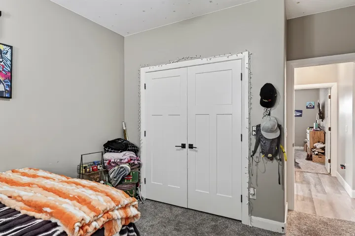 Carpet flooring, gray wall paint, white trim, white two-panel double doors with matte black hardware, and an open doorway