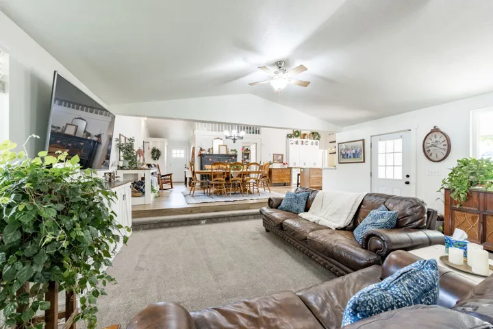 Spacious open-concept living area with neutral carpet flooring, ceiling fan with integrated lighting, and abundant natural light from multiple windows