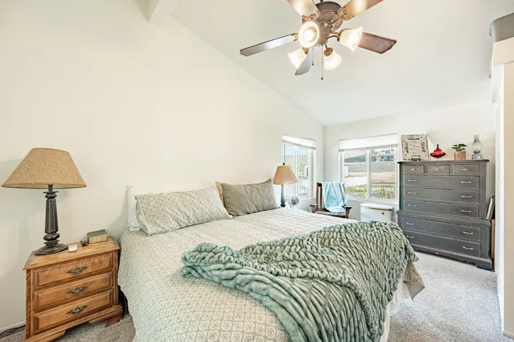 Bright primary bedroom featuring a ceiling fan with integrated lighting, wood-finish nightstand with traditional hardware, carpet flooring, and abundant natural light from multiple windows