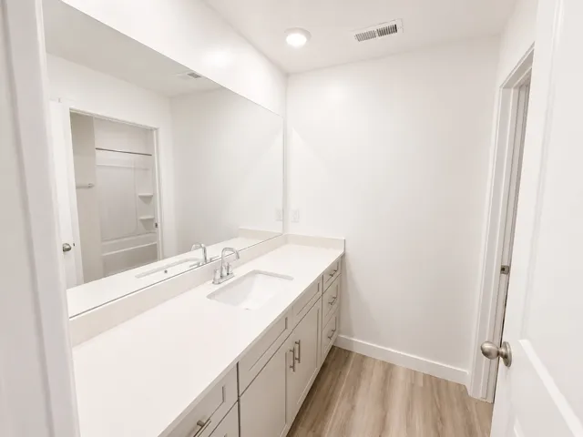 Wood-finish flooring, single vanity with light-toned countertop, integrated sink, and chrome faucet