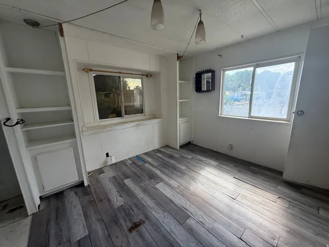 Wood-finish flooring, built-in shelving, built-in cabinetry, and pendant lighting fixtures