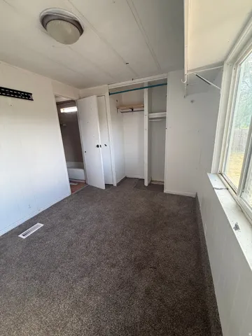 Wall-to-wall carpeting with a built-in closet and overhead lighting
