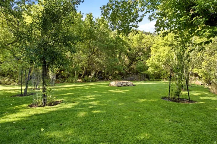 Expansive manicured lawn with mature trees and a stone fire pit