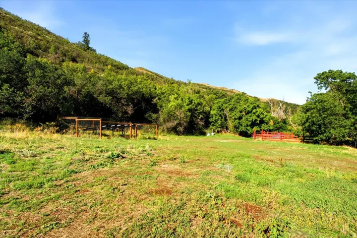 Expansive grassy terrain with a sloped, tree-covered hillside backdrop, featuring a fenced enclosure and additional fenced perimeter