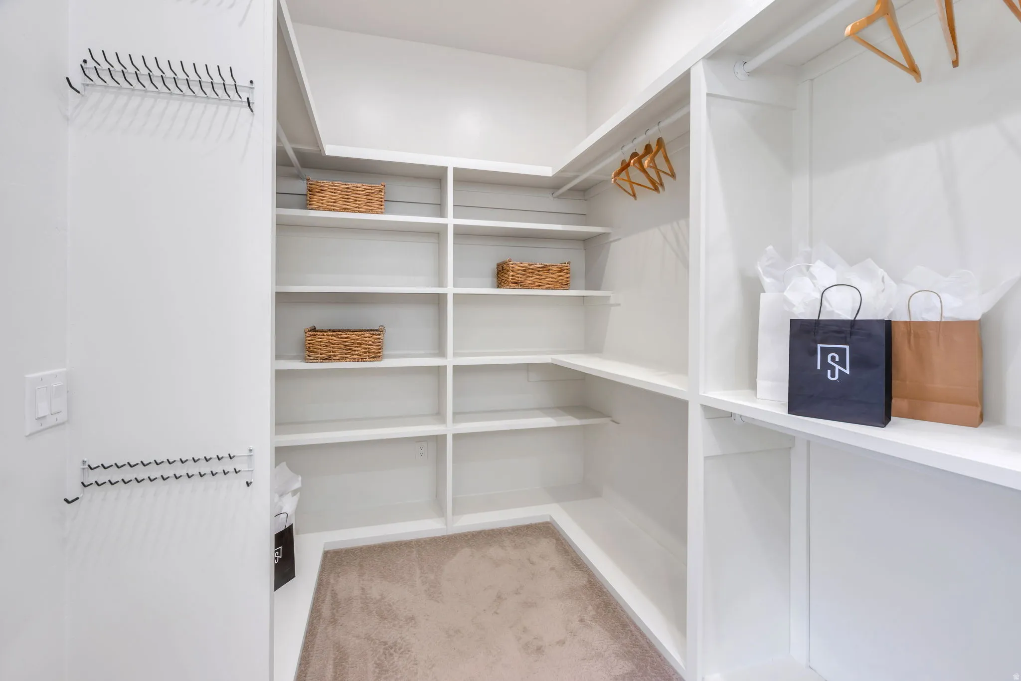 Built-in shelving, hanging rods, and carpeted flooring