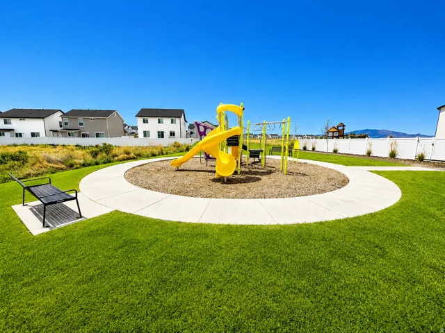 Community playground featuring a slide, swings, and climbing structures