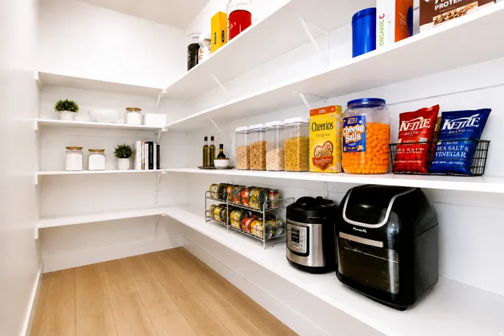 Oversized walk-in pantry featuring extensive white shelving and light wood-finish flooring