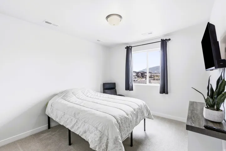 Bedroom #4 with ceiling light fixture, framed window with dark drapery, light gray carpeting, and a wall-mounted display