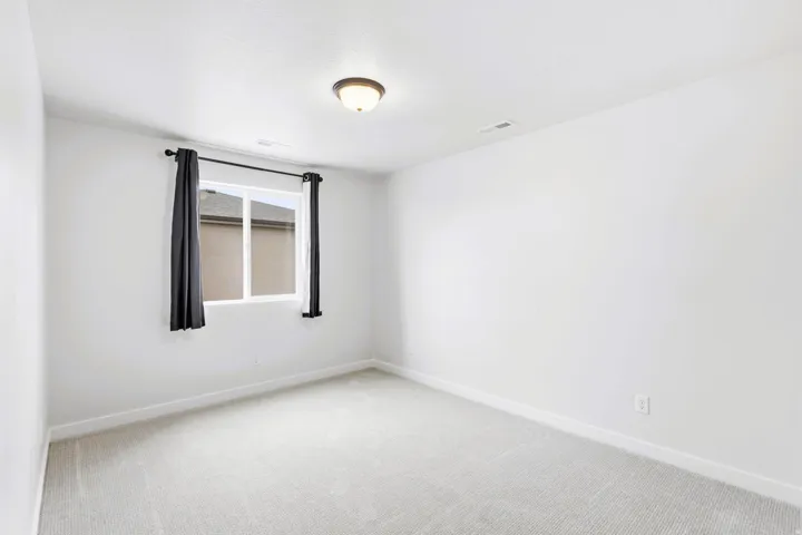 Bedroom #5 neutral wall paint, light-toned carpet, single window with dark curtains, flush mount ceiling light fixture