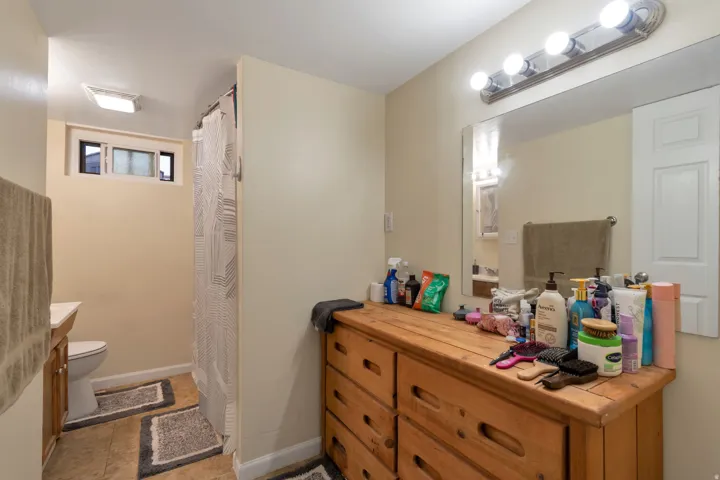 Bathroom with vanity lighting, large wall mirror, and a shower with a patterned curtain