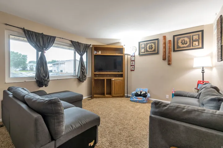 Built-in entertainment center, neutral-toned walls, and carpet flooring