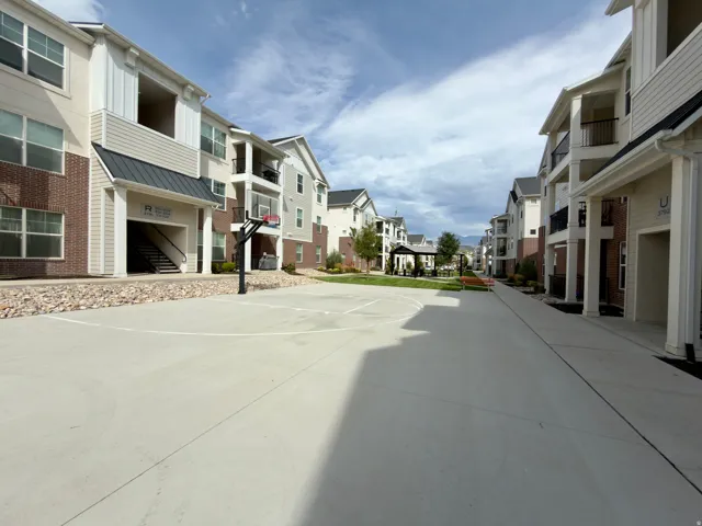 Basketball court in the middle of the complexes