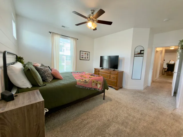 Large primary bedroom with 4 windows for ample light, ceiling fan & custom shiplap accent wall