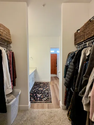 Primary bedrooms large walk-in closet with carpet flooring