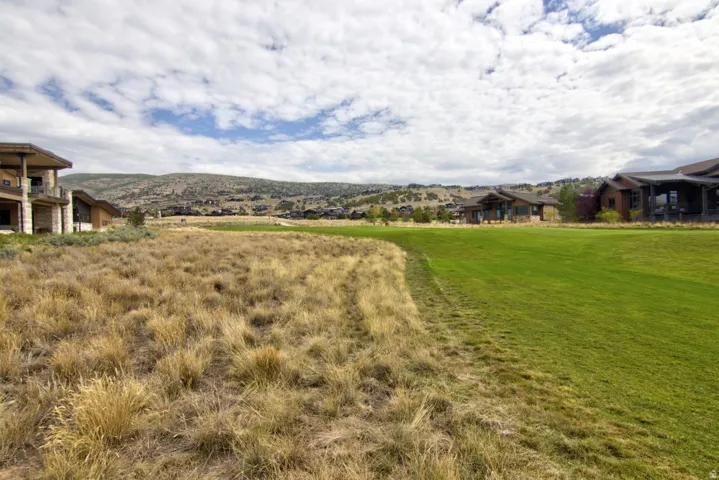 Expansive green space bordering natural landscaping with distant residential structures
