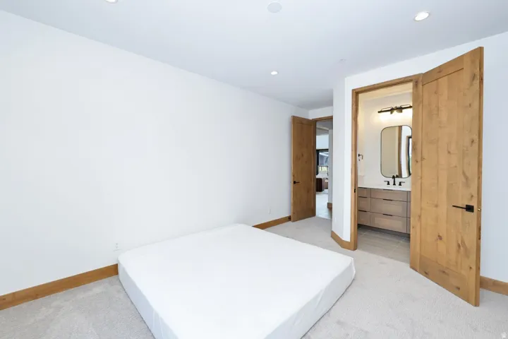 Recessed lighting, light-colored carpeting, wood-finish trim, and natural wood doors with dark hardware