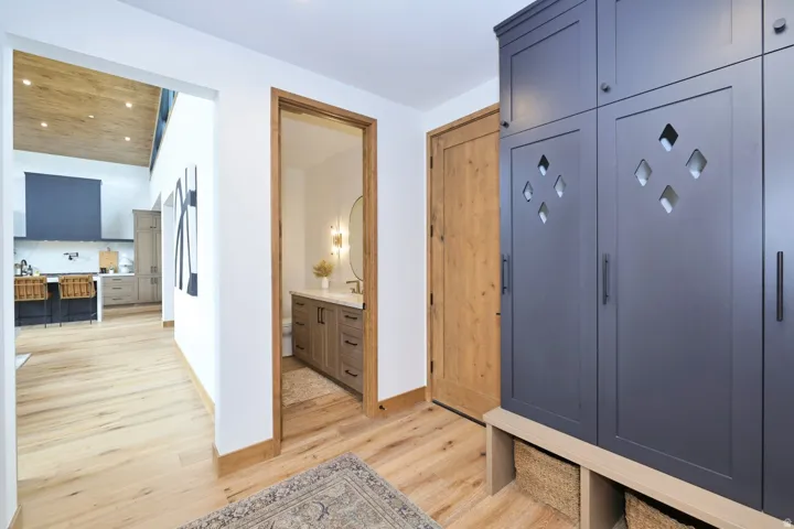 Bright hallway featuring light wood-finish flooring, custom navy cabinetry with geometric hardware accents, and generous natural light from skylights